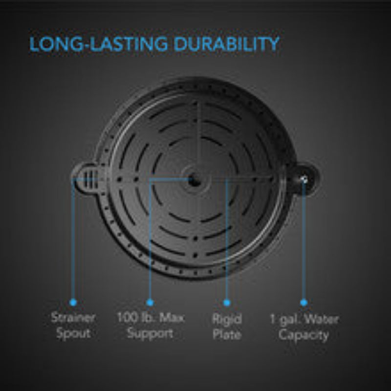 Durable pot base design featuring strainer spout, rigid plate, and high weight capacity for reliable plant support.