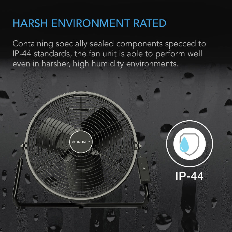 CLOUDLIFT S12 12-inch fan displayed against water-droplet background demonstrating IP-44 rated weather resistance, featuring sealed components for reliable operation in high humidity environments, with IP-44 certification icon.