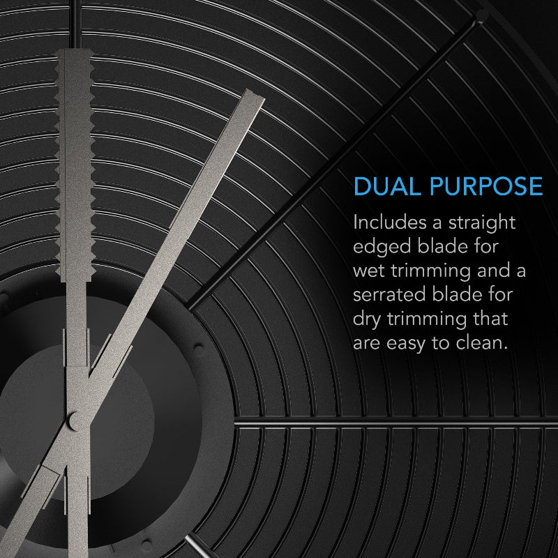 Multi-functional bowl trimmer with interchangeable straight and serrated blades for precise cutting.