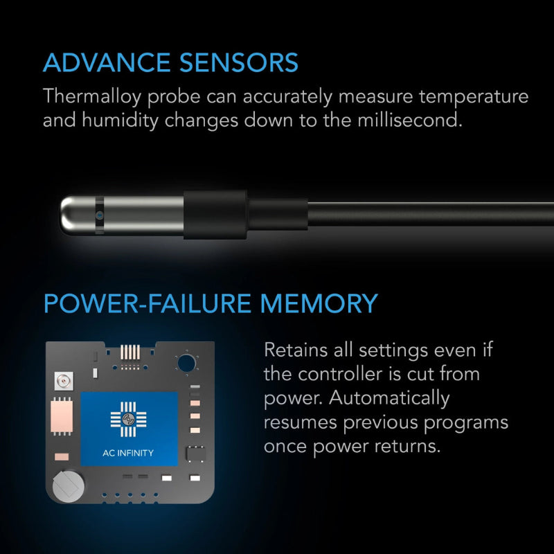 AC Infinity CTR69X Smart Controller featuring Thermalloy probe sensor technology for millisecond-precise temperature and humidity monitoring.