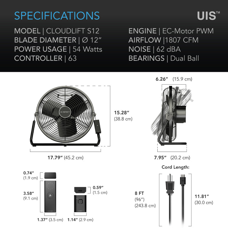 Comprehensive product specifications for CLOUDLIFT S12 featuring dimensional drawings and technical details including airflow capacity, noise rating, and controller dimensions.