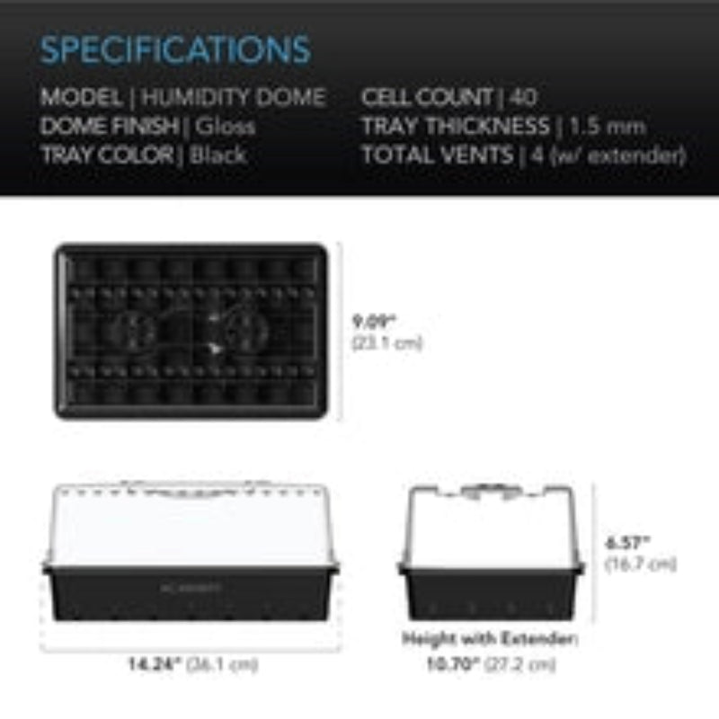 Humidity dome propagation kit specifications showing 40-cell tray dimensions, height extension features, and complete system measurements.