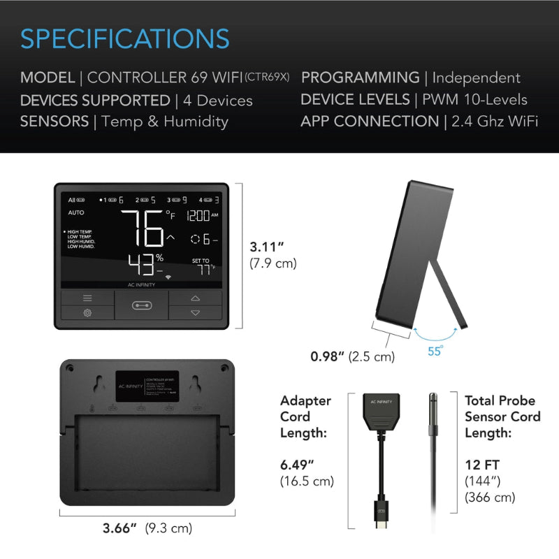 Technical specifications for CTR69X controller featuring dimensions, cord lengths, and 2.4 GHz WiFi app connection details.