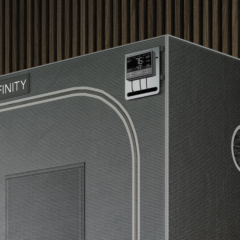5x6-inch steel mounting plate shown installed on grow tent corner with digital controller display, demonstrating professional cable management and clean integration.