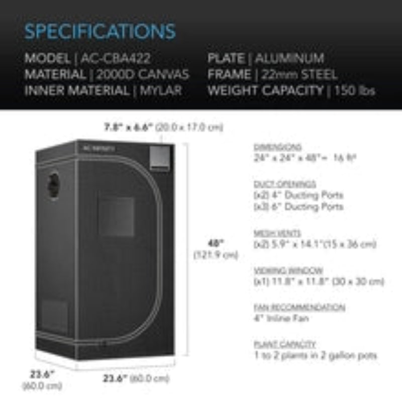 Specifications sheet for a black AC Infinity grow tent. Dimensions, material, frame, weight, and duct openings are detailed. Model: AC-CBA422.