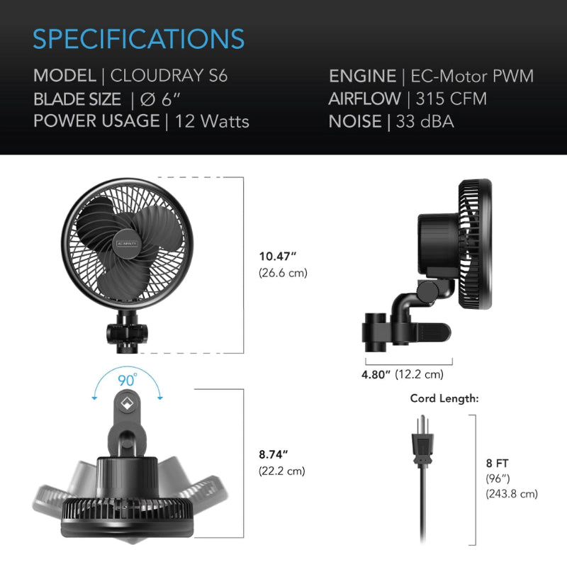 Cloudray S6 6-inch clip fan specifications showing 315 CFM airflow, 12W EC-motor, 33 dBA noise level, and dimensions including 8 ft power cord and 90° adjustable mount.