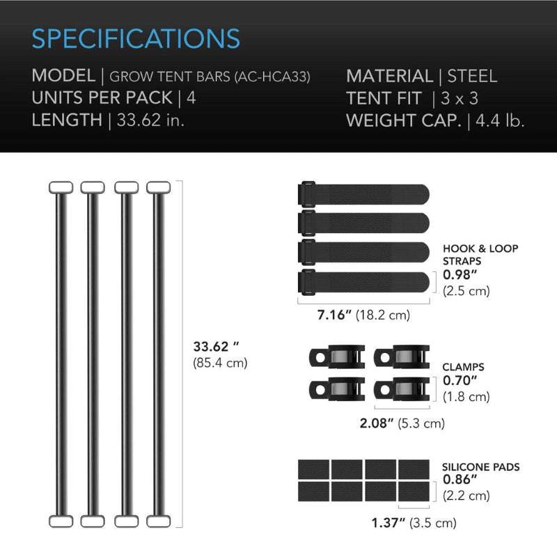 4x4 grow tent mounting bars specifications - steel construction with hook straps, clamps, and silicone pads for professional indoor growing equipment support.