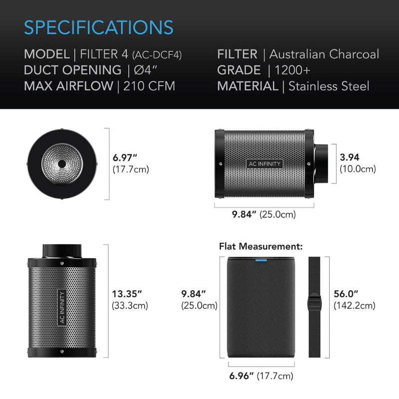 AC Infinity 4-inch duct carbon filter specifications showing 210 CFM max airflow, 1200+ grade Australian charcoal, stainless steel construction, and complete dimensions with pre-filter measurements.