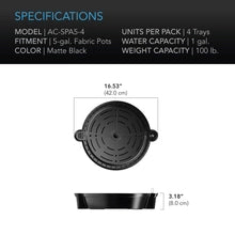 Self-watering fabric pot base specifications showing 14.53-inch diameter and 3.15-inch height dimensions with matte black finish.