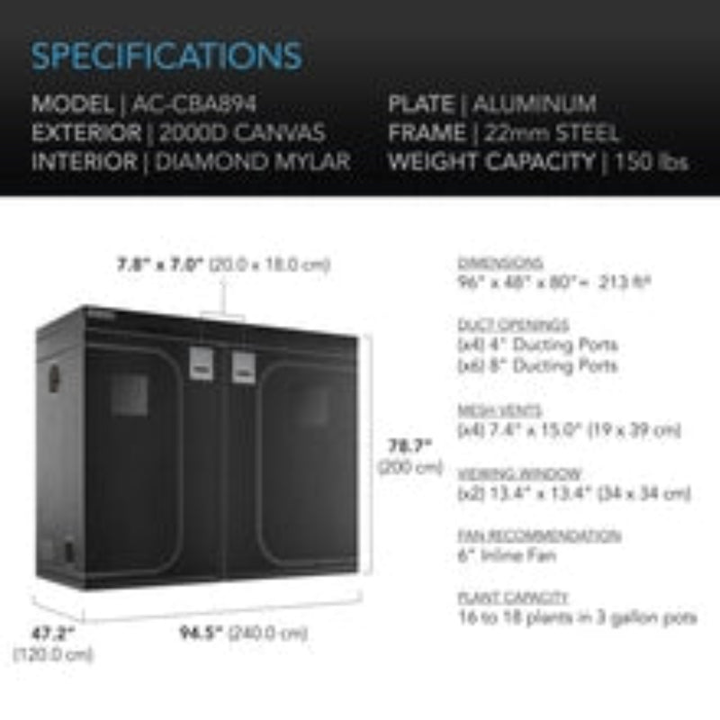 AC Infinity 96x48x80 grow tent specifications diagram showing dimensions, duct openings, and 150-pound weight capacity.