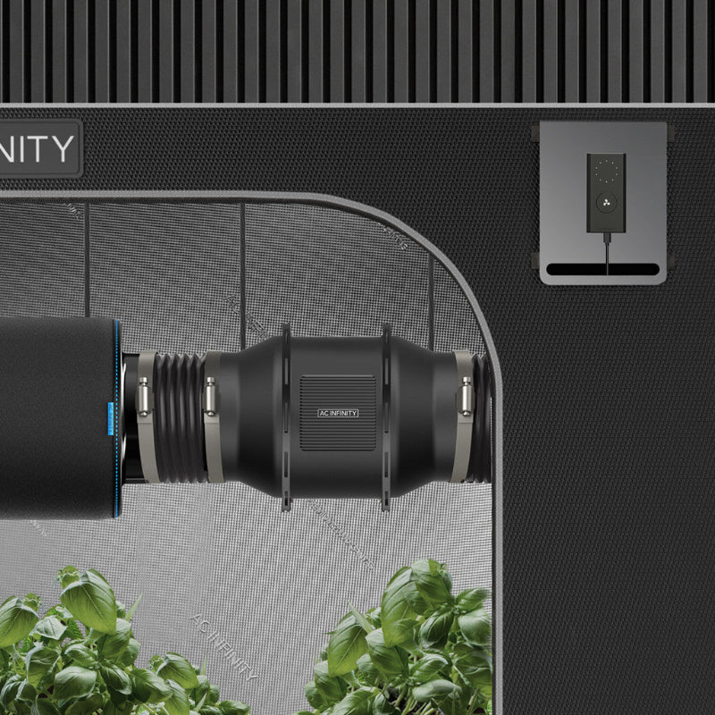 CloudLine S6 Pro 6-inch inline duct fan installed in grow tent with speed controller mount, showing professional ventilation setup.