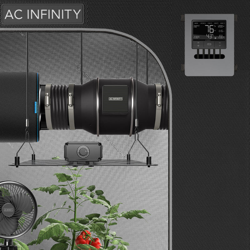 AC Infinity CTR69X Smart Controller shown in complete grow tent setup with integrated fan system and environmental monitoring display.