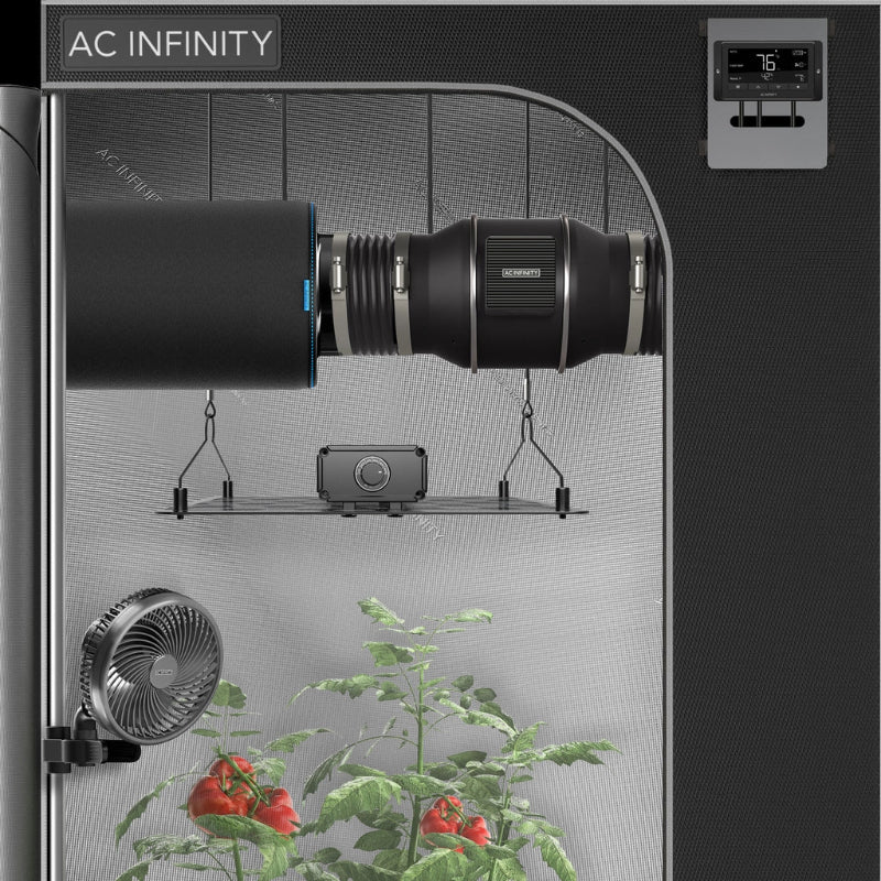 CLOUDLINE T6 6-inch inline duct fan system shown installed in grow tent with circulation fan and smart controller for complete climate control.