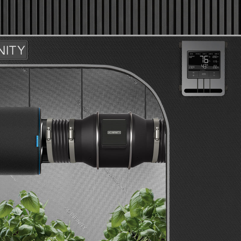 AC Infinity 4-inch inline fan system with smart controller and carbon filter - professional air filtration kit featuring digital display and temperature monitoring.