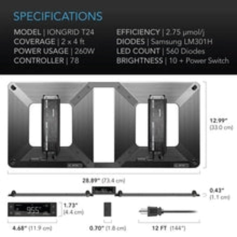 Technical specifications for IONGRID T24 full spectrum LED grow light with 2x4 ft coverage and power details.