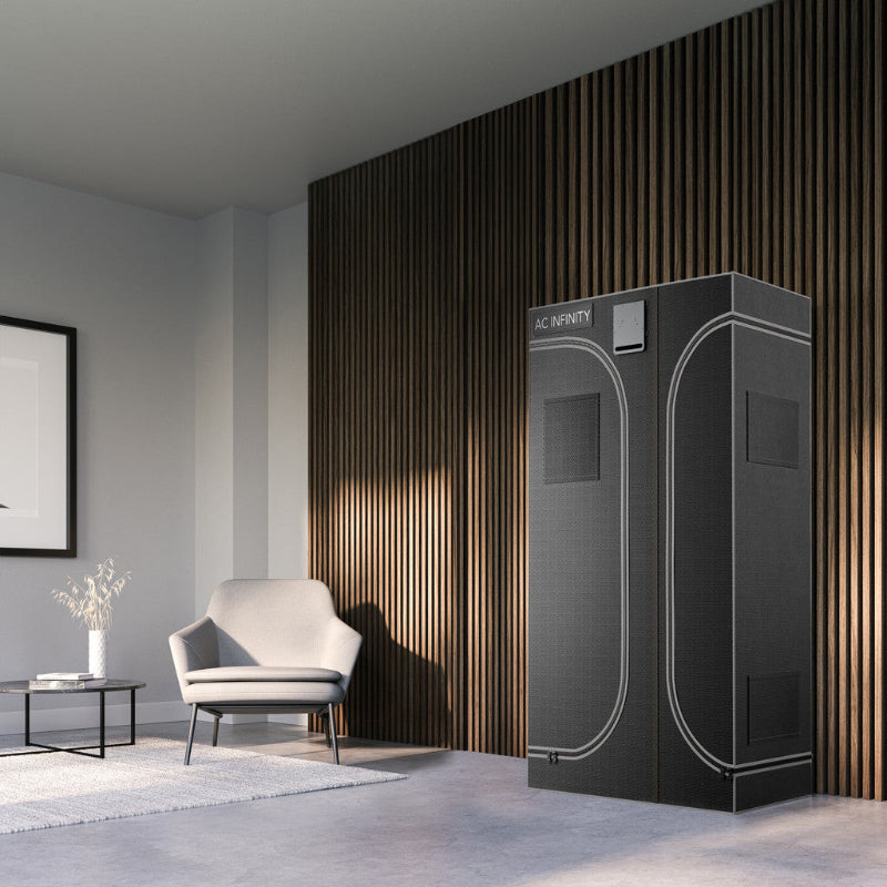 CloudLab 632D 2-in-1 grow tent displayed in modern interior setting with wood slat wall accent and contemporary furniture.