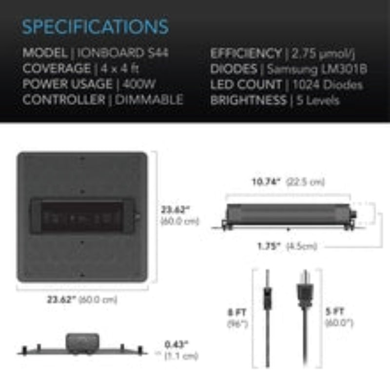 Technical specifications for IONBOARD S44 full spectrum LED grow light with 4x4 ft coverage and dimmable controls.