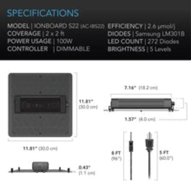 IONBOARD S22 100W LED grow light specifications featuring Samsung LM301B diodes, dimensions, and controller details.
