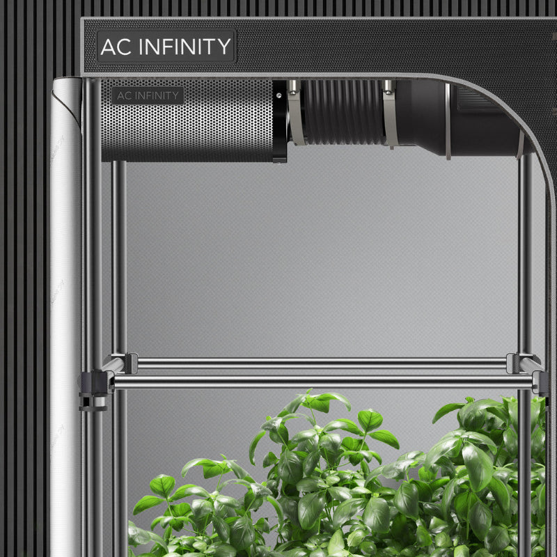 AC Infinity 4x4 grow tent featuring steel mounting bars for secure equipment installation and support.