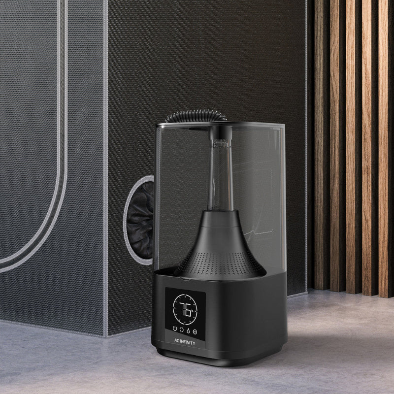 AC Infinity CLOUDFORGE T3 4.5L plant humidifier featuring modern black design with digital display, smart controls, and flexible hose for targeted moisture delivery.