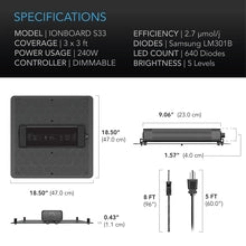 Technical specifications for IONBOARD S33 full spectrum LED grow light with 3x3 ft coverage and dimmable controls.