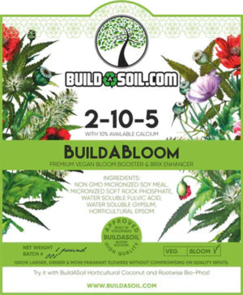 BuildABloom 2-10-5 premium vegan bloom booster and brix enhancer with 10% available calcium for enhanced flower growth and fragrance.