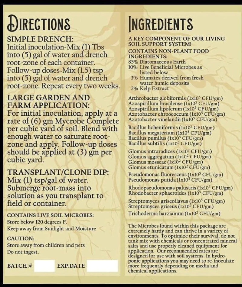 Rootwise Mycrobe Complete product label showing detailed application directions, ingredients list featuring beneficial microbes, and usage instructions for soil enhancement.