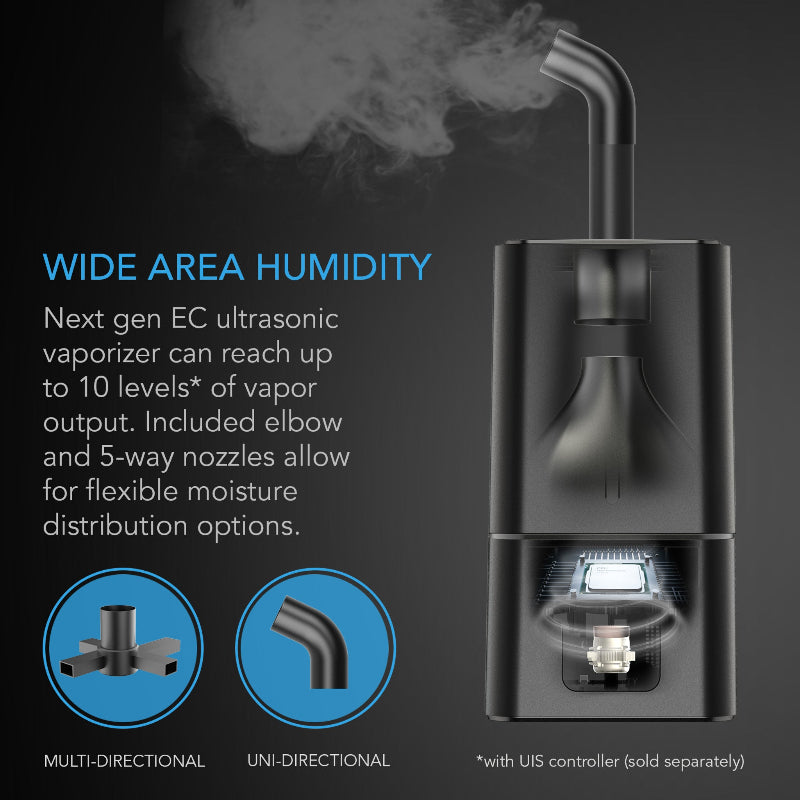 AC Infinity CLOUDFORGE T7 15L plant humidifier featuring next-gen EC ultrasonic vaporizer with 10-level output control and versatile moisture distribution through multi-directional and uni-directional nozzle options.