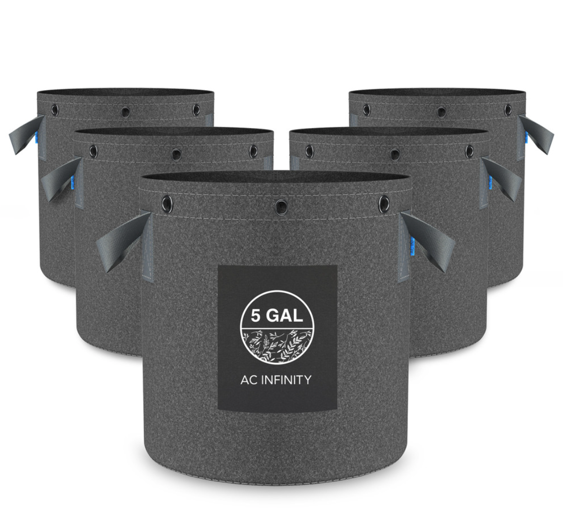 Set of six gray 5-gallon fabric pots with 'AC Infinity' branding on a white background