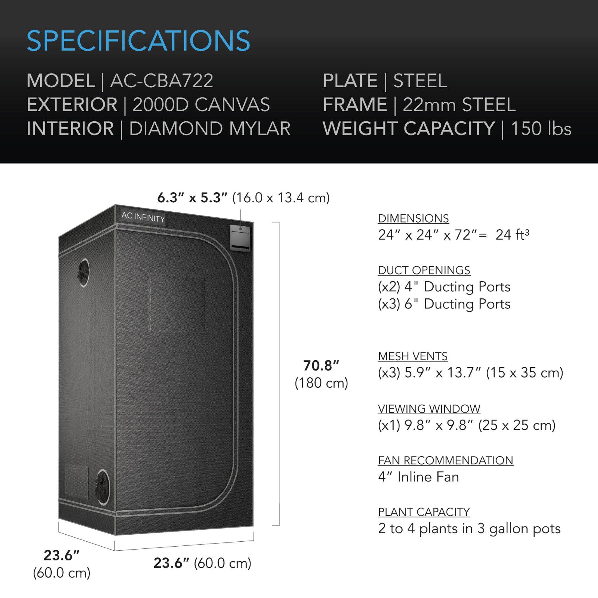 AC Infinity CLOUDLAB 722 – 2x2 Grow Tent with 2000D Canvas & Steel Frame