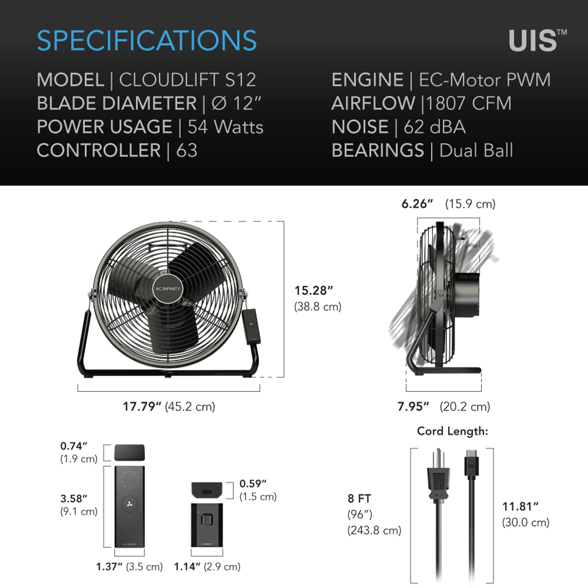 CLOUDLIFT S12, FLOOR WALL FAN WITH WIRELESS CONTROLLER, 12-INCH